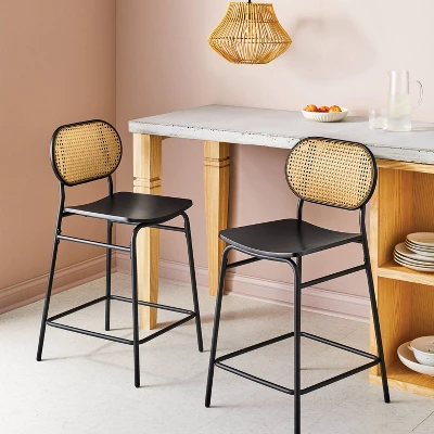 Set Of 2 24" Woven Back Metal Counter Height Barstool Black - Room Essentials™ 3 Set Of 2 24" Woven Back Metal Counter Height Barstool Black - Room Essentials™