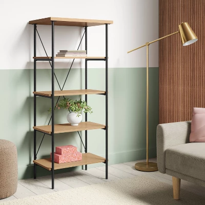 Wood And Metal Media Tower Bookcase Natural - Room Essentials™ 3 Wood And Metal Media Tower Bookcase Natural - Room Essentials™